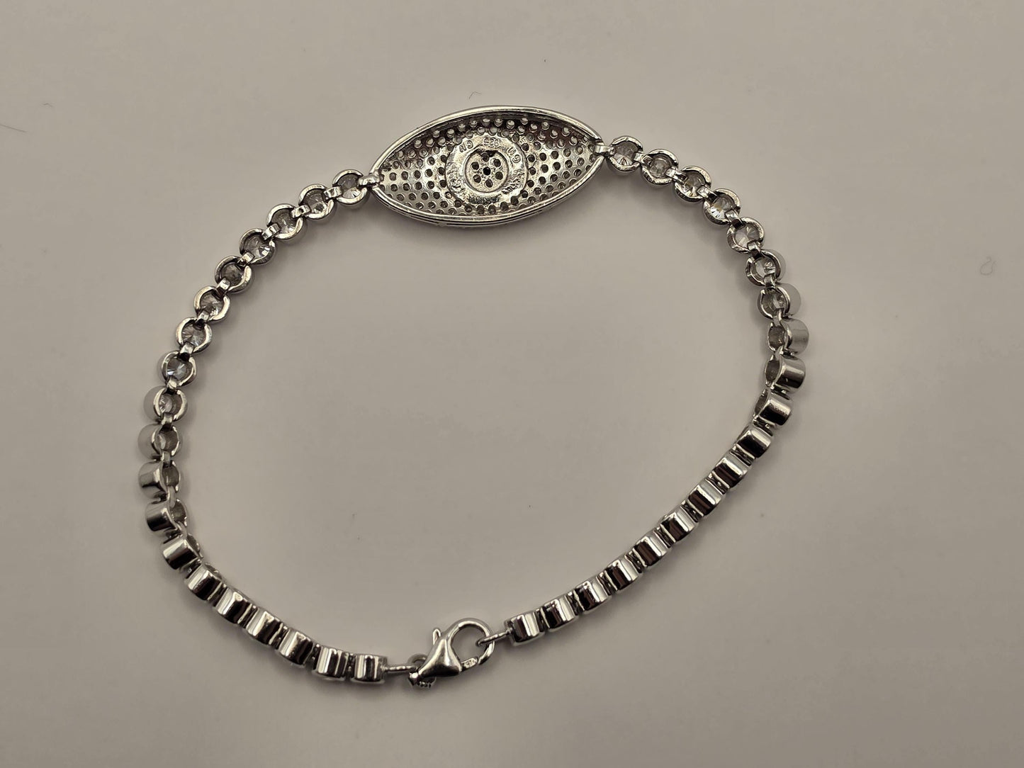 Sterling Silver Evil Eye Bracelet, CZ Pave Bezel Tennis Chain 925