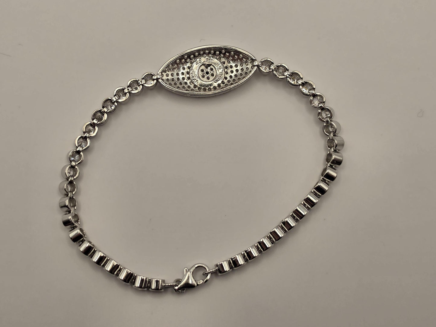 Sterling Silver Evil Eye Bracelet, CZ Pave Bezel Tennis Chain 925