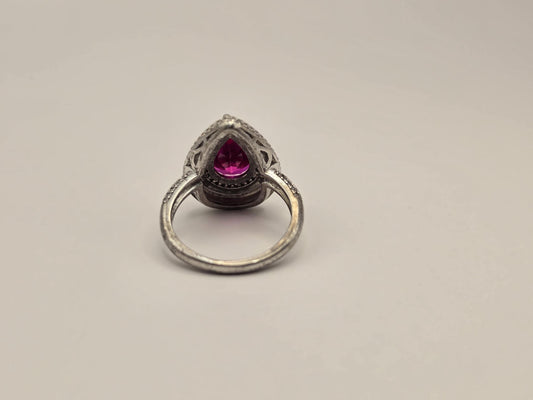 Sterling Silver Pink CZ Pear Halo Ring, Double Row Pave Statement 925 Size 7