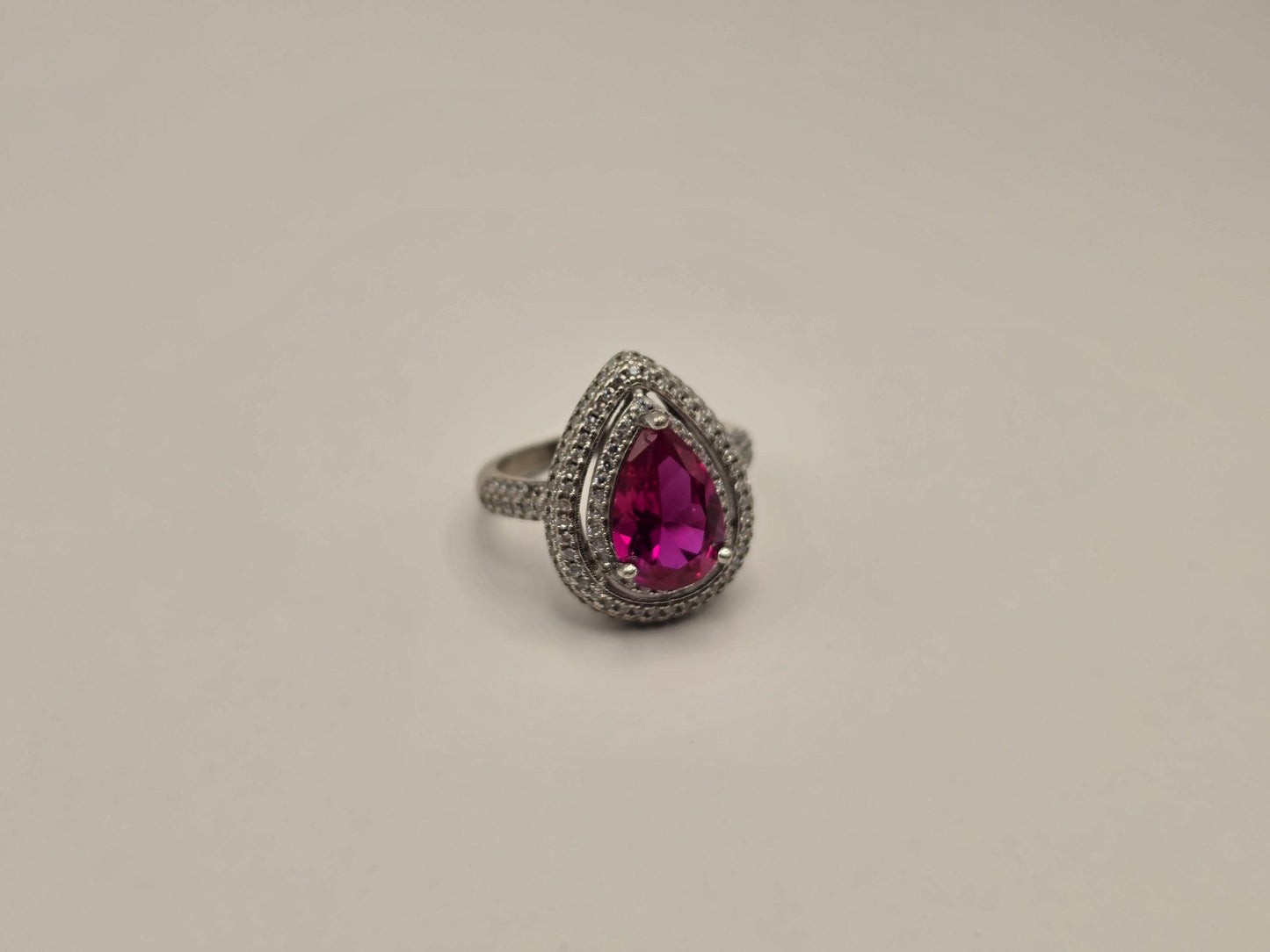 Sterling Silver Pink CZ Pear Halo Ring, Double Row Pave Statement 925 Size 7