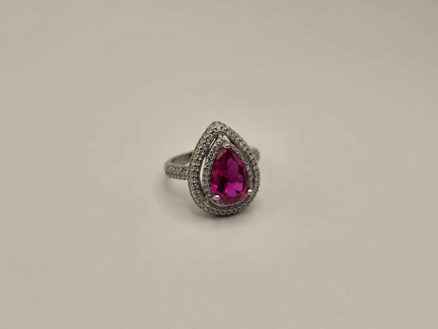 Sterling Silver Pink CZ Pear Halo Ring, Double Row Pave Statement 925 Size 7