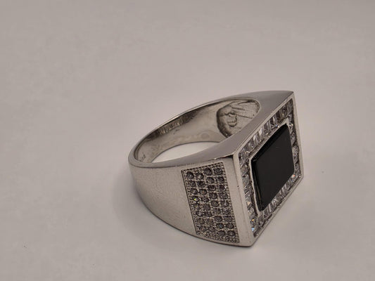 Sterling Silver Black Onyx Signet Ring, Rectangular Face CZ Accent 925 Size 8
