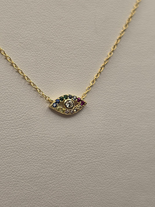 Gold Plated Sterling Silver Evil Eye Necklace, Multicolor CZ Charm 18 Inch