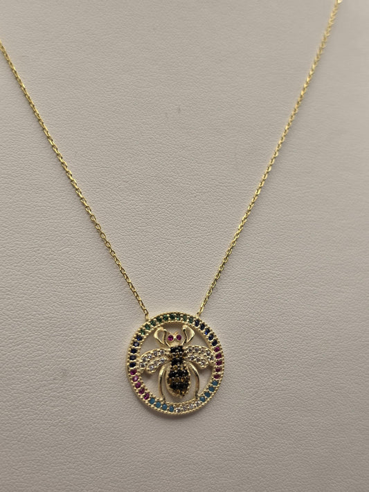 Gold Plated Sterling Silver Bee Pendant Necklace, Multicolor CZ Circle Halo 18 Inch 925