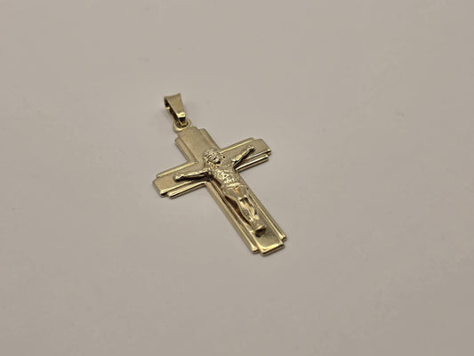 Gold Plated Sterling Silver Crucifix Pendant, Layered Edge Cross with Corpus 925