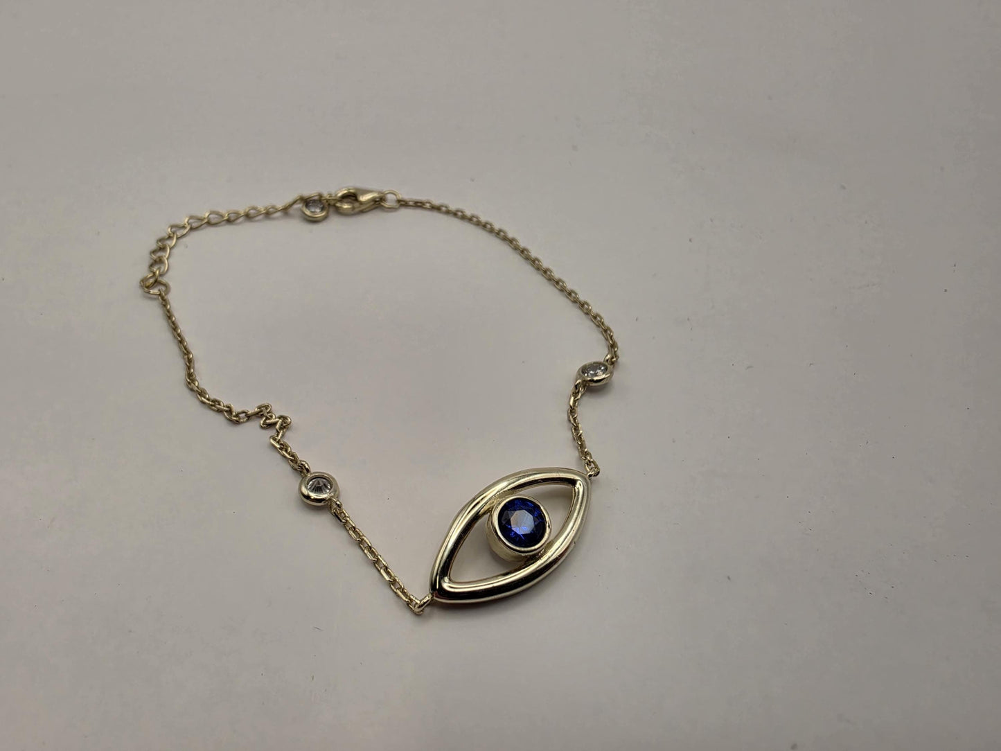 Gold Plated Sterling Silver Evil Eye Bracelet | Blue CZ | Dainty Chain | 8in