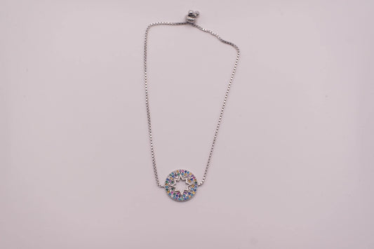 925 Sterling Silver Rainbow CZ Star Bracelet | Adjustable | Round Disc Charm | 15mm