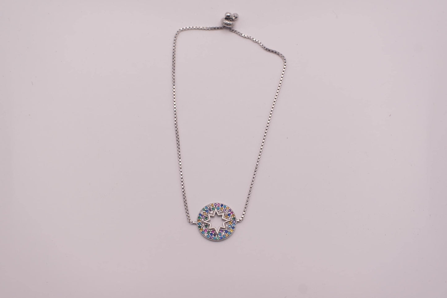 925 Sterling Silver Rainbow CZ Star Bracelet | Adjustable | Round Disc Charm | 15mm