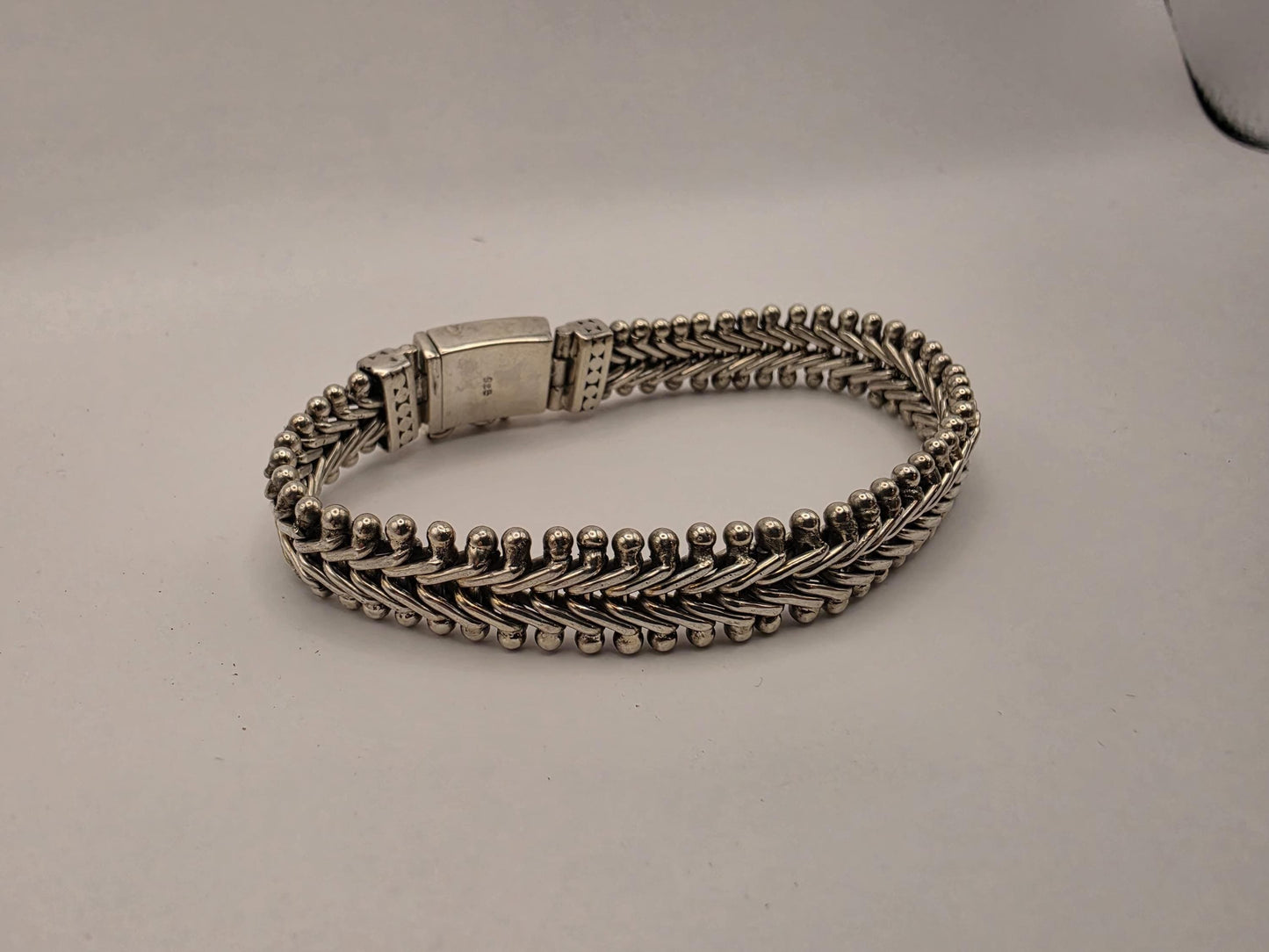 925 Sterling Silver Woven Bead Bracelet | Foxtail Center | Ball Chain Border | Heavy 49g