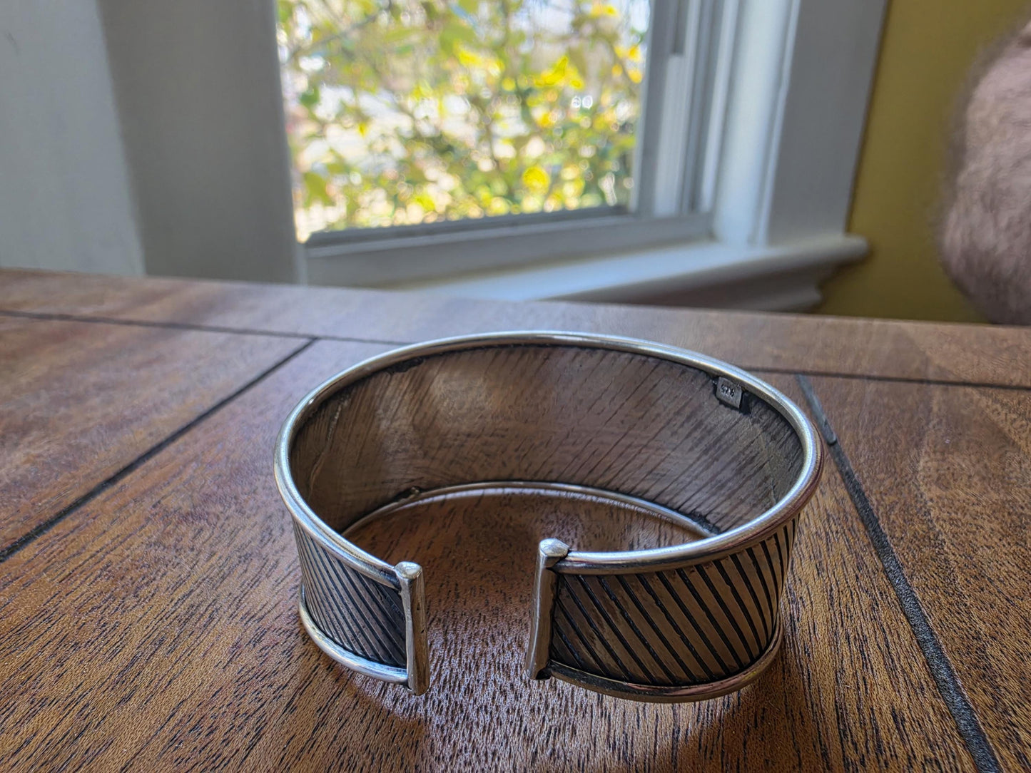 925 Sterling Silver Diagonal Cuff Bracelet | Wide 1.125" | Line Engraved | Heavy 20g