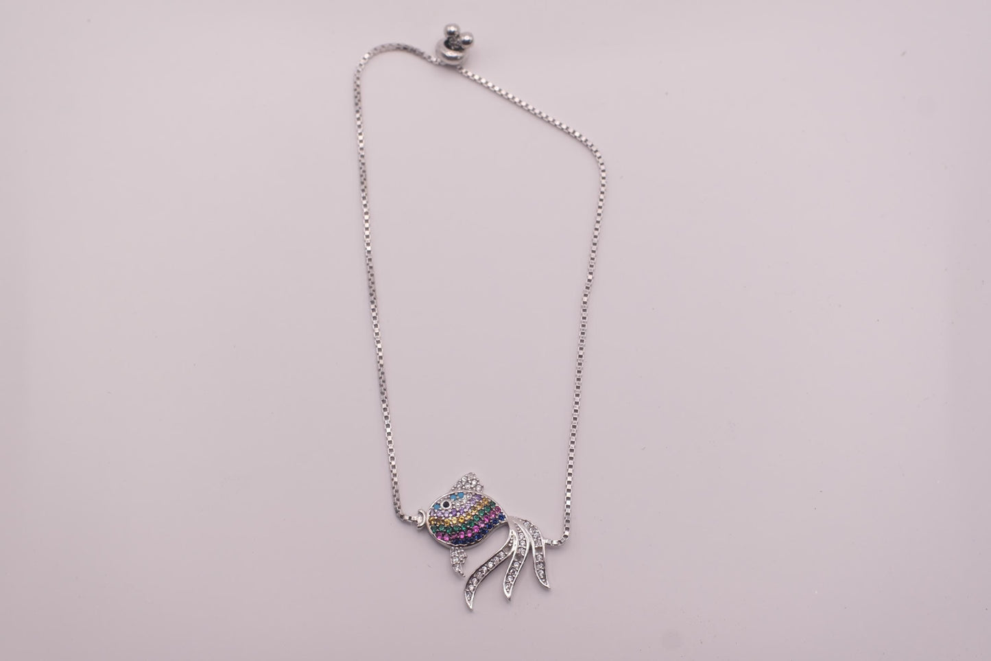 925 Sterling Silver Rainbow CZ Fish Bracelet | Adjustable Box Chain | Multicolor Charm