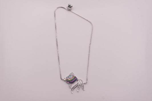 925 Sterling Silver Rainbow CZ Fish Bracelet | Adjustable Box Chain | Multicolor Charm