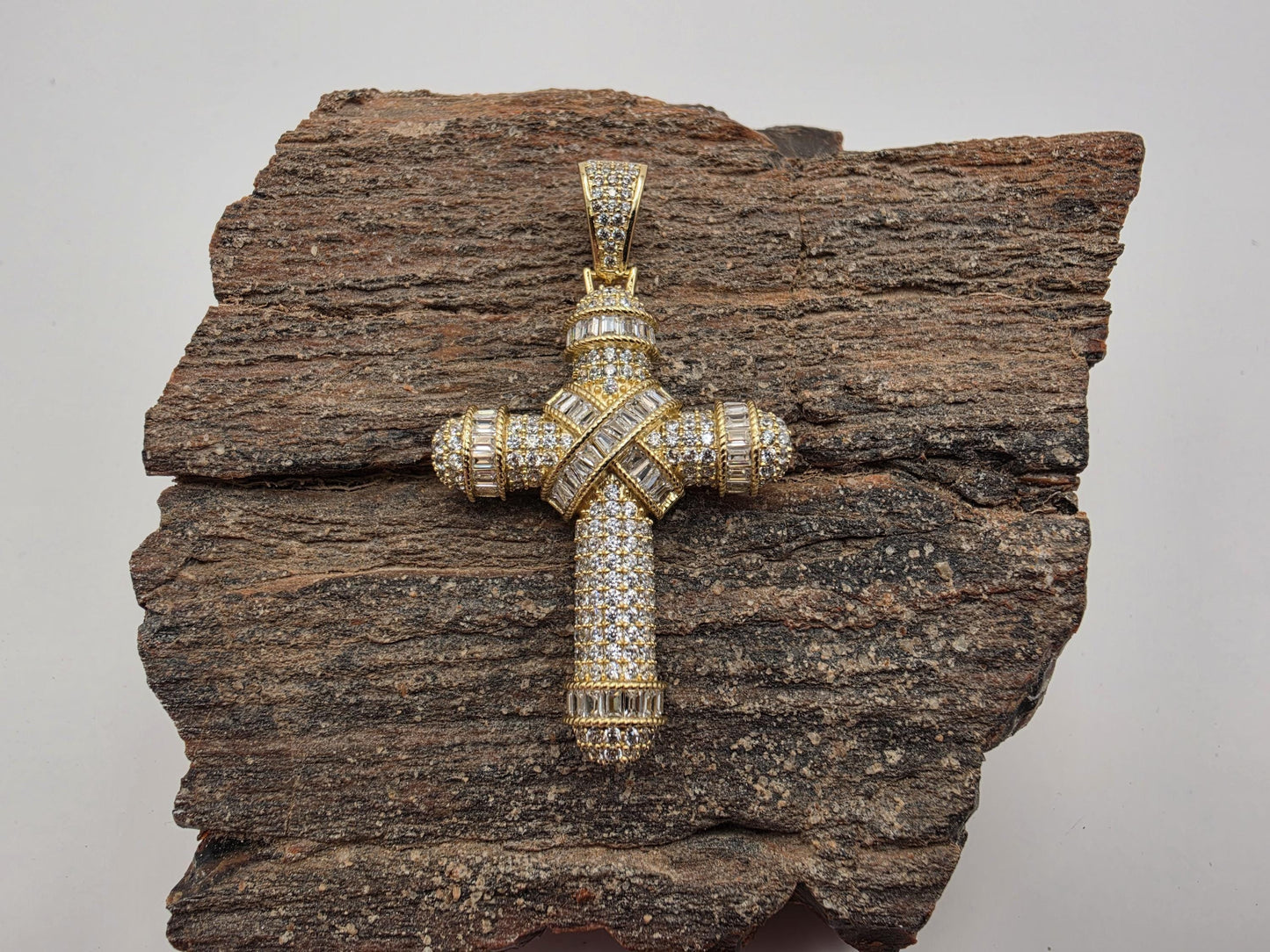 Gold Plated Sterling Silver Cross Pendant | Baguette Wrap Detail | Round CZ Pave | 1.5"