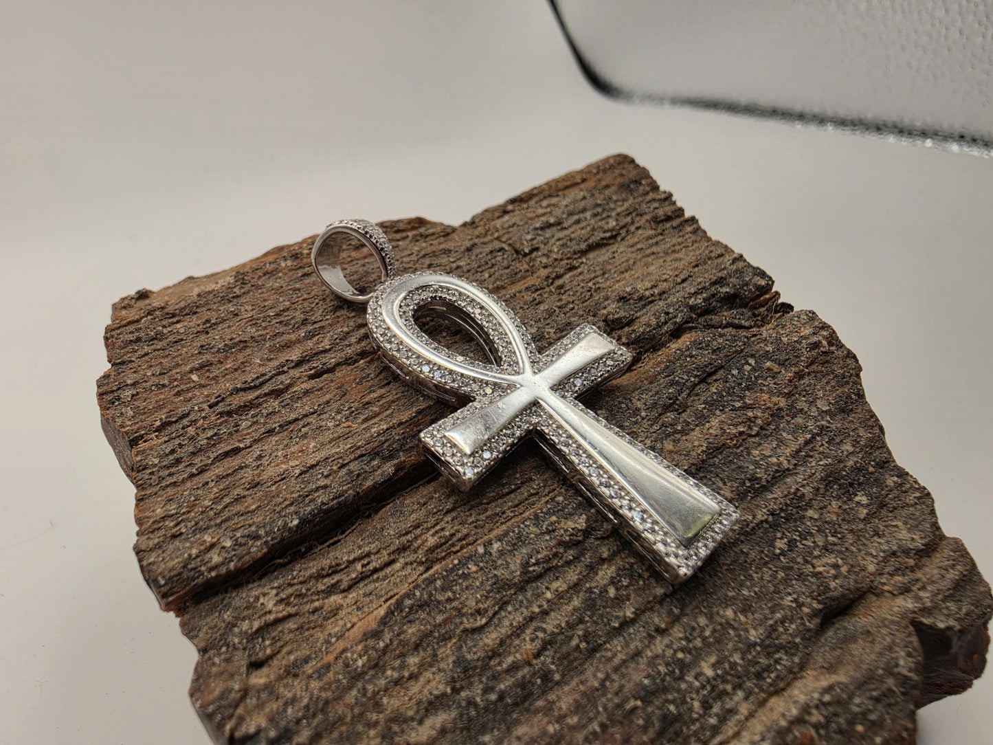 925 Sterling Silver Ankh Cross Pendant | CZ Pave Border | High Polish | 1.5"
