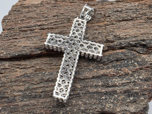 925 Sterling Silver Iced Cross Pendant | Double Row CZ Pave | Classic Silhouette | 1.5"