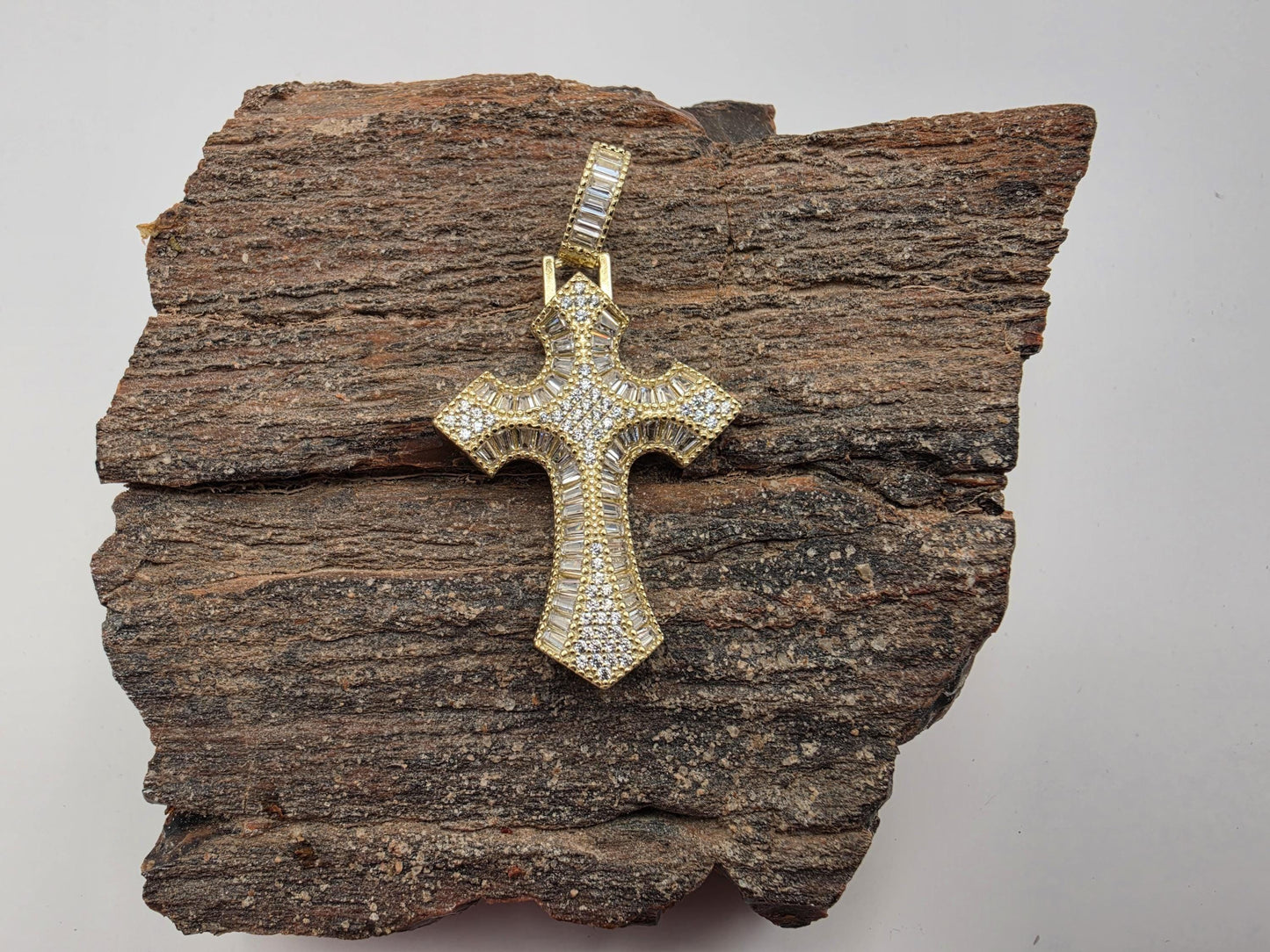 Gold Plated Sterling Silver Gothic Cross Pendant | CZ Pave | Sunburst Center | 1.5"