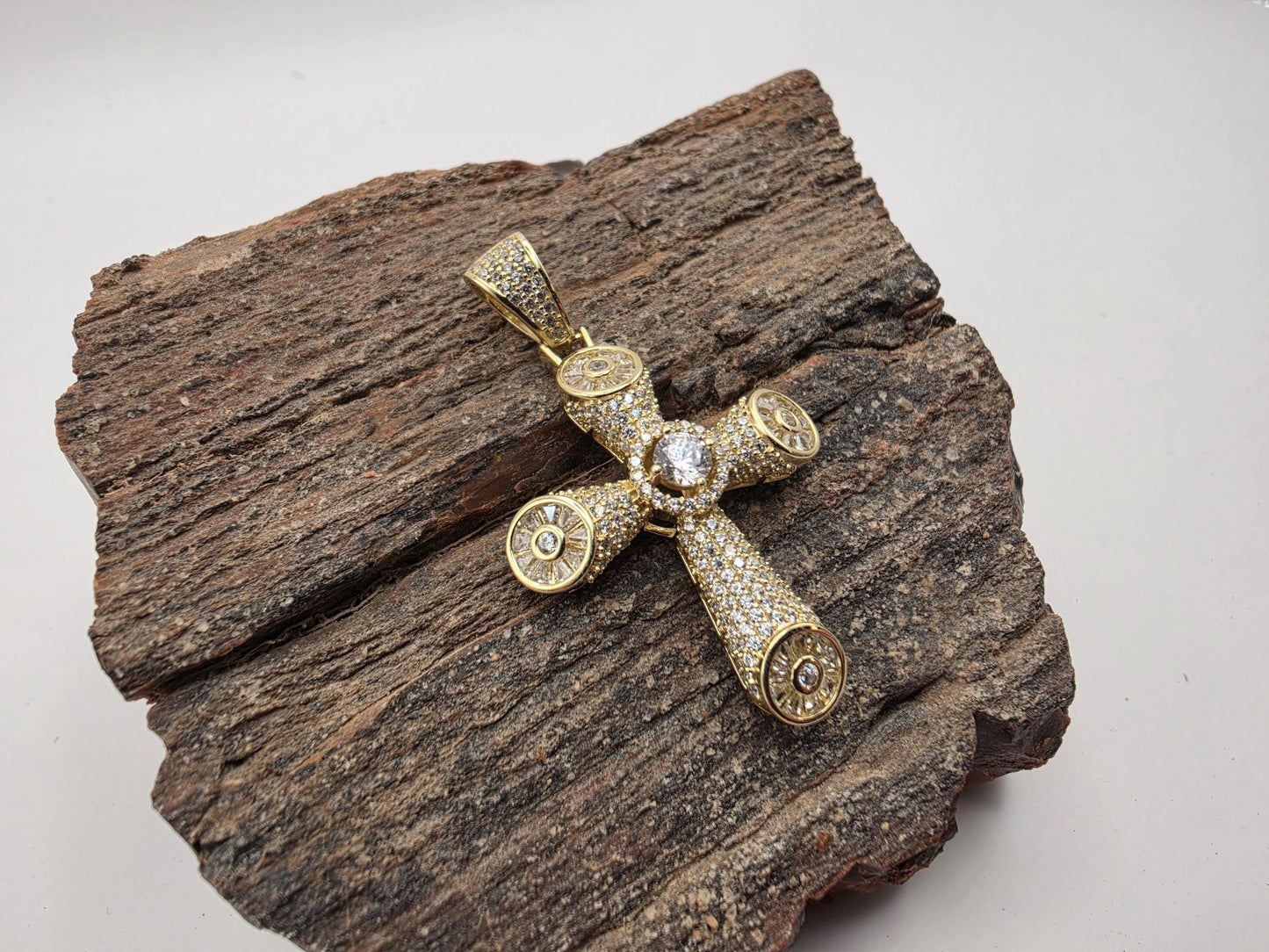 Gold Plated Sterling Silver Cross Pendant | Tubular CZ Pave Arms | Medallion Tips | 1.25"