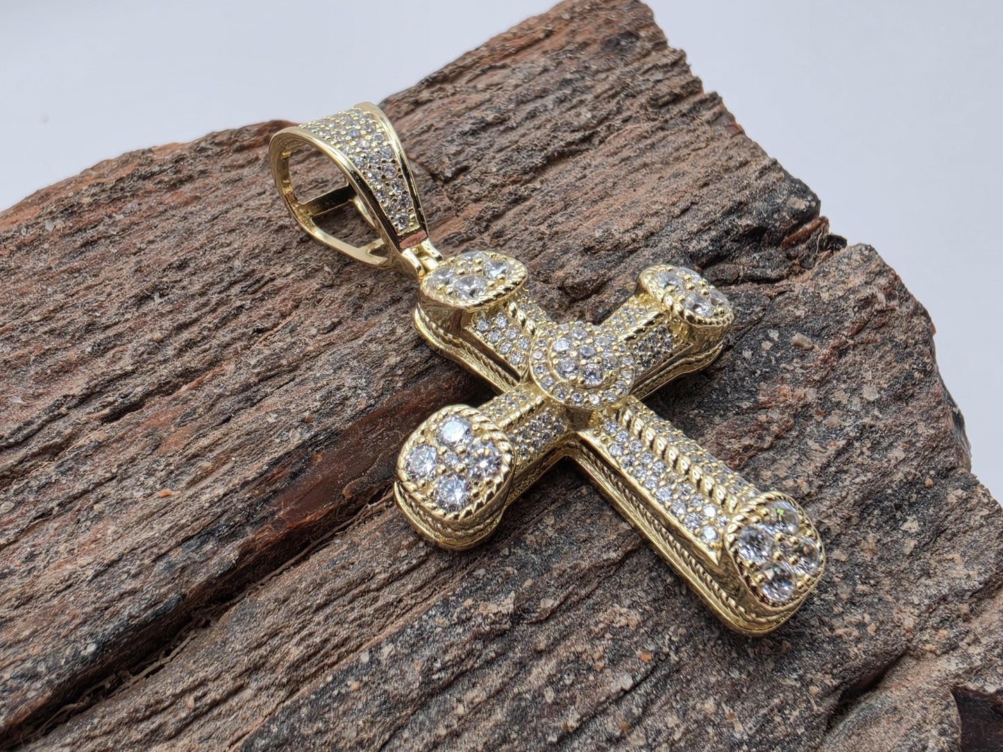 Gold Plated Sterling Silver CZ Cross Pendant | Halo Tip Clusters | Milgrain Arms | 1.25"