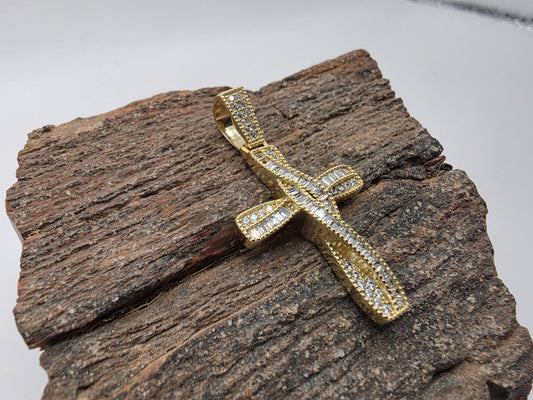 Gold Plated Sterling Silver Baguette Cross Pendant | Pave CZ Border | 1.5" Iced Cross
