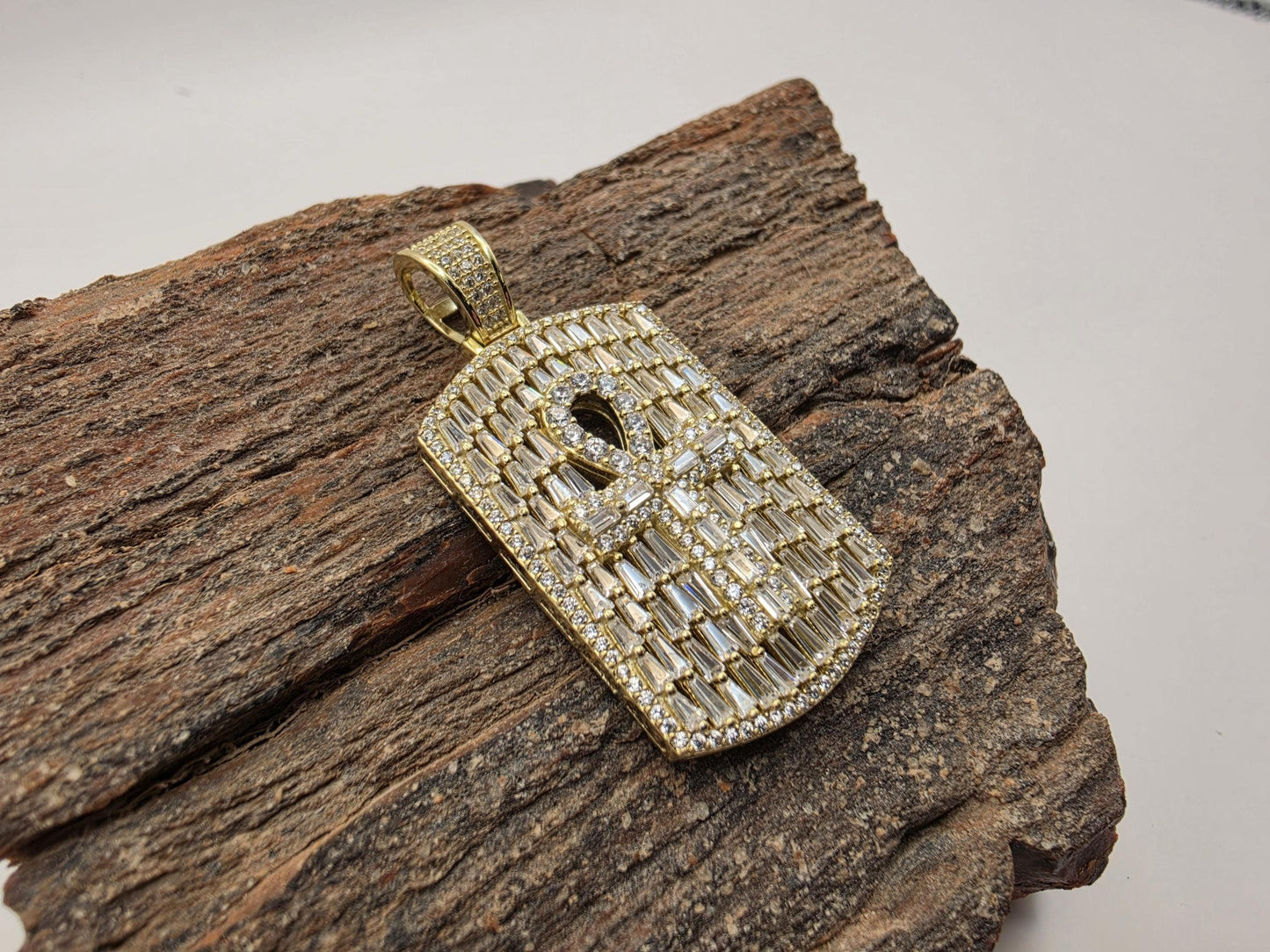 Gold Plated Sterling Silver Iced Dog Tag Pendant | Baguette CZ | Ankh Cross | 1.5"