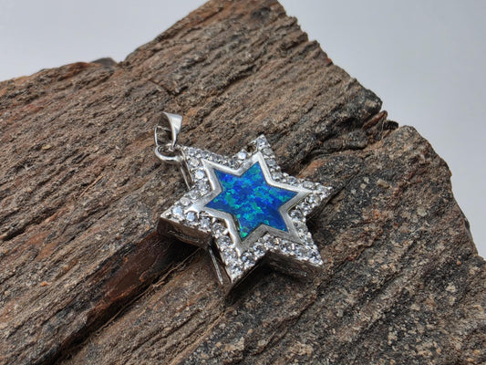Sterling silver Star of David pendant with blue opal inlay and CZ border, bail included