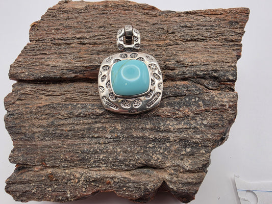 925 Sterling Silver Turquoise Square Pendant | Ornate Dotted Border | 1" Charm |