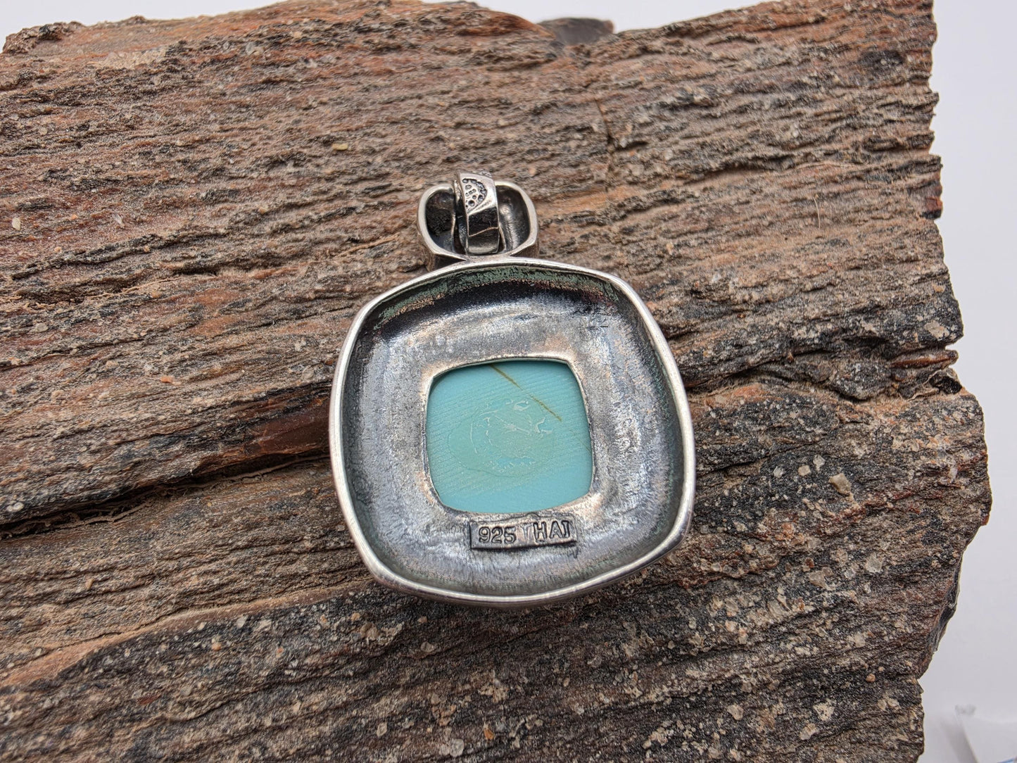 925 Sterling Silver Turquoise Square Pendant | Ornate Dotted Border | 1" Charm |
