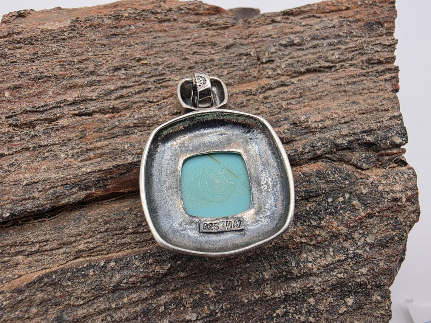 925 Sterling Silver Turquoise Square Pendant | Ornate Dotted Border | 1" Charm |