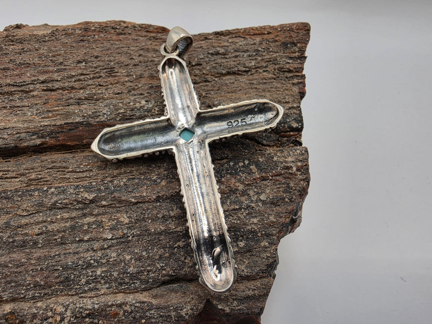 Sterling Silver Bali Cross Pendant with Turquoise Stones 925 Granulated Bohemian Southwest Religious Faith Statement Jewelry