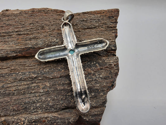 Sterling Silver Bali Cross Pendant with Turquoise Stones 925 Granulated Bohemian Southwest Religious Faith Statement Jewelry