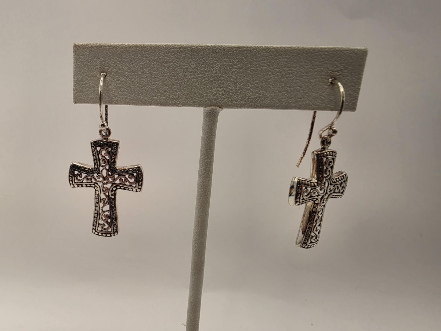 Sterling Silver Bali Filigree Cross Dangle Earrings 925 Christian Religious Faith Scrollwork Jewelry Gift for Her