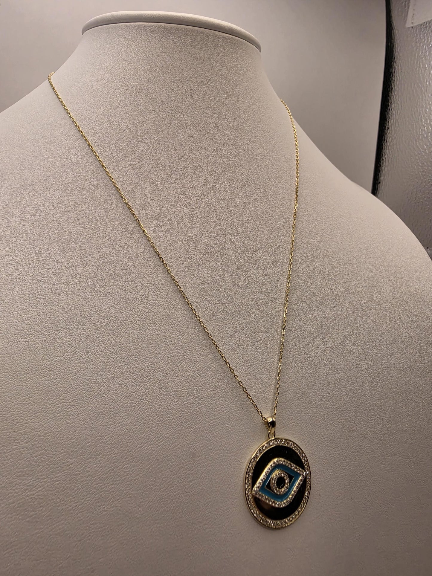 Gold Plated Evil Eye Medallion Necklace | 925 Silver | 18 Inch | Black Blue Enamel CZ Halo | 1 Inch Pendant