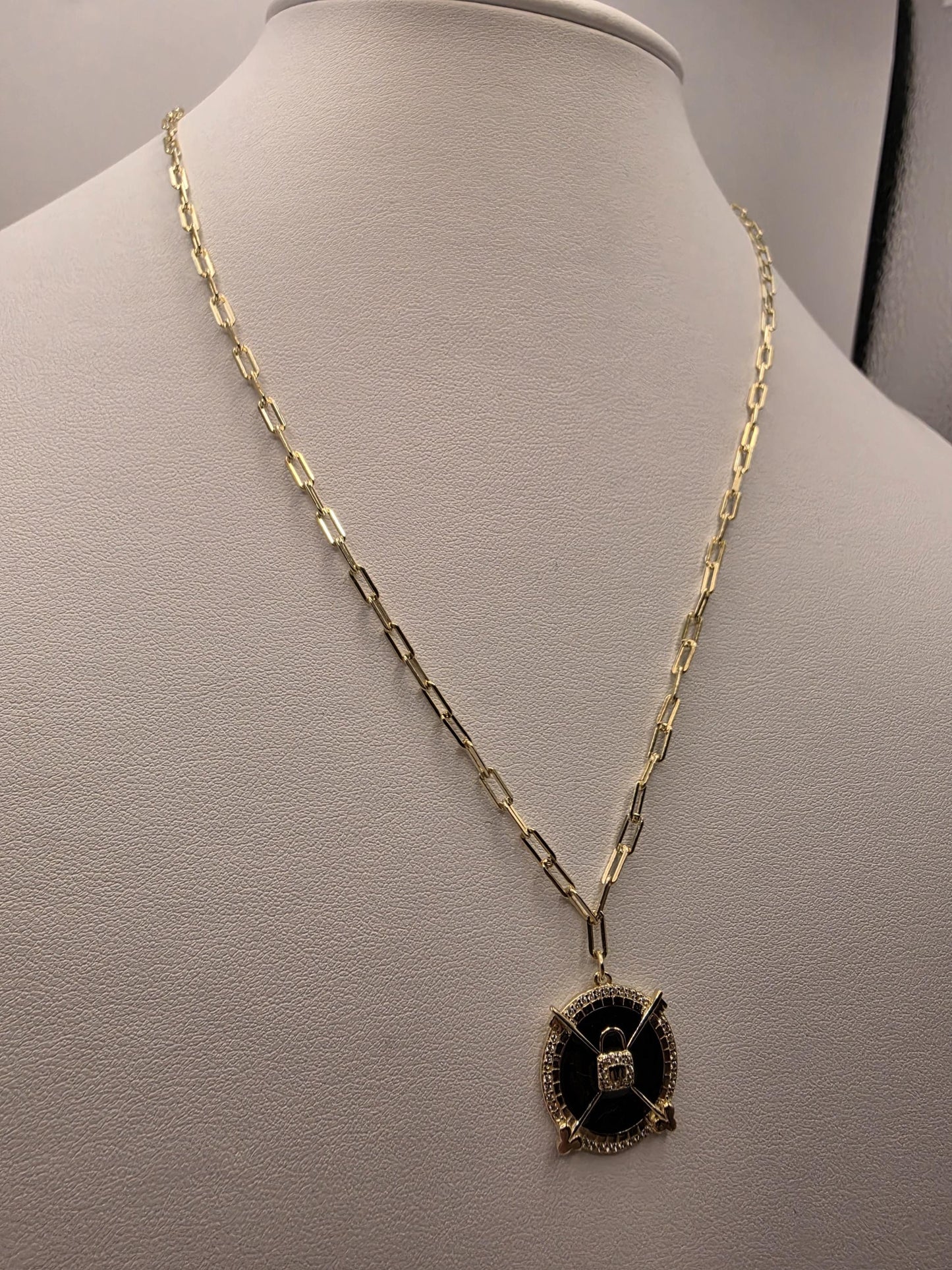 Gold Plated Black Enamel Compass Medallion Necklace | 925 Silver | 18 Inch Paperclip Chain | .75 Inch Pendant | Layering Necklace