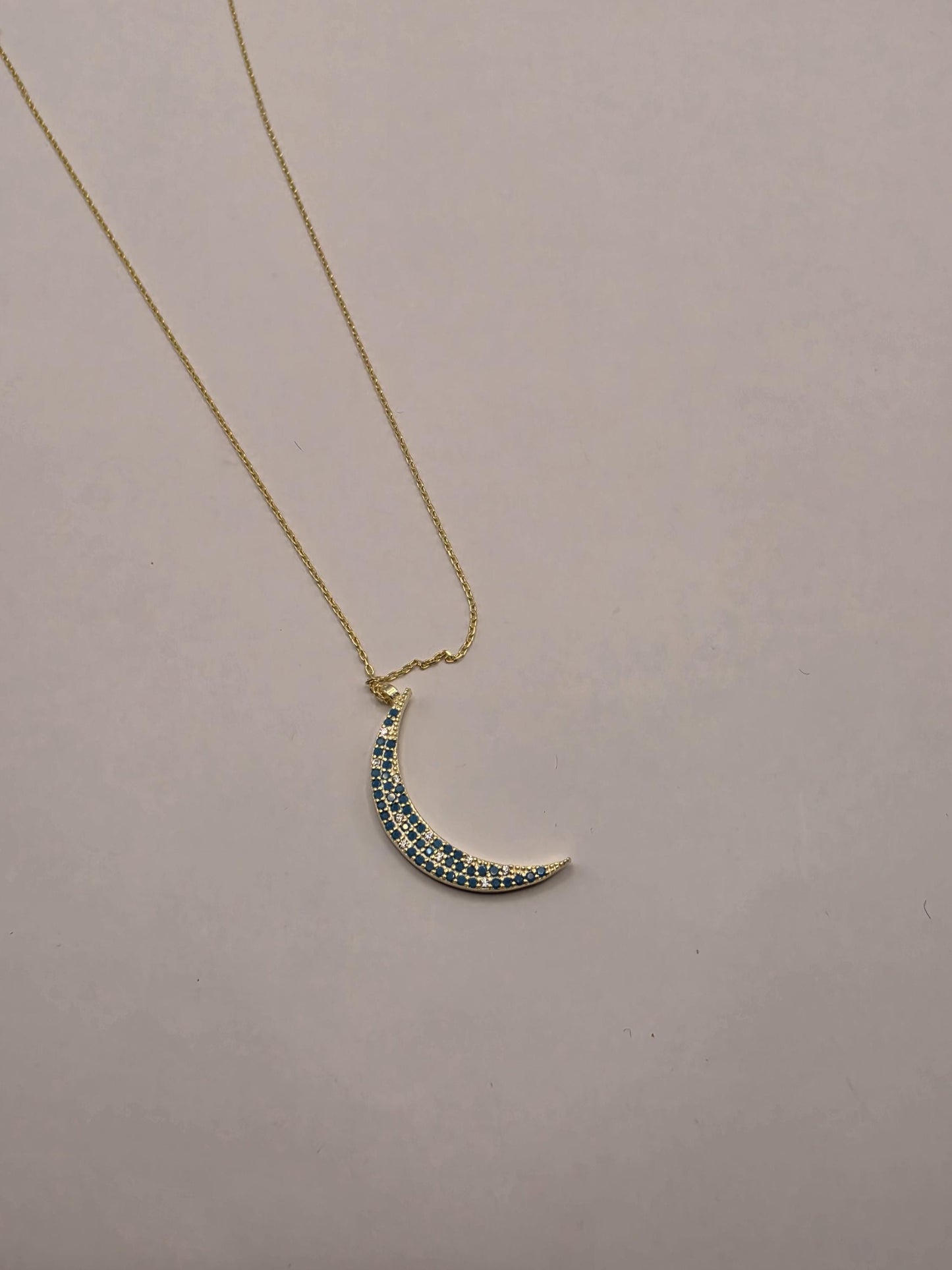 Gold Plated Blue CZ Crescent Moon Necklace | 925 Silver | 18 Inch Cable Chain | Pave Moon Pendant | 1.25 Inch