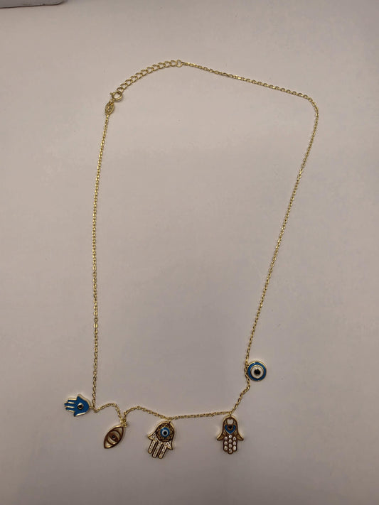 Gold Plated Evil Eye Hamsa Multi-Charm Necklace | 925 Silver | 18 Inch | 5 Dangle Charms | Protection Jewelry