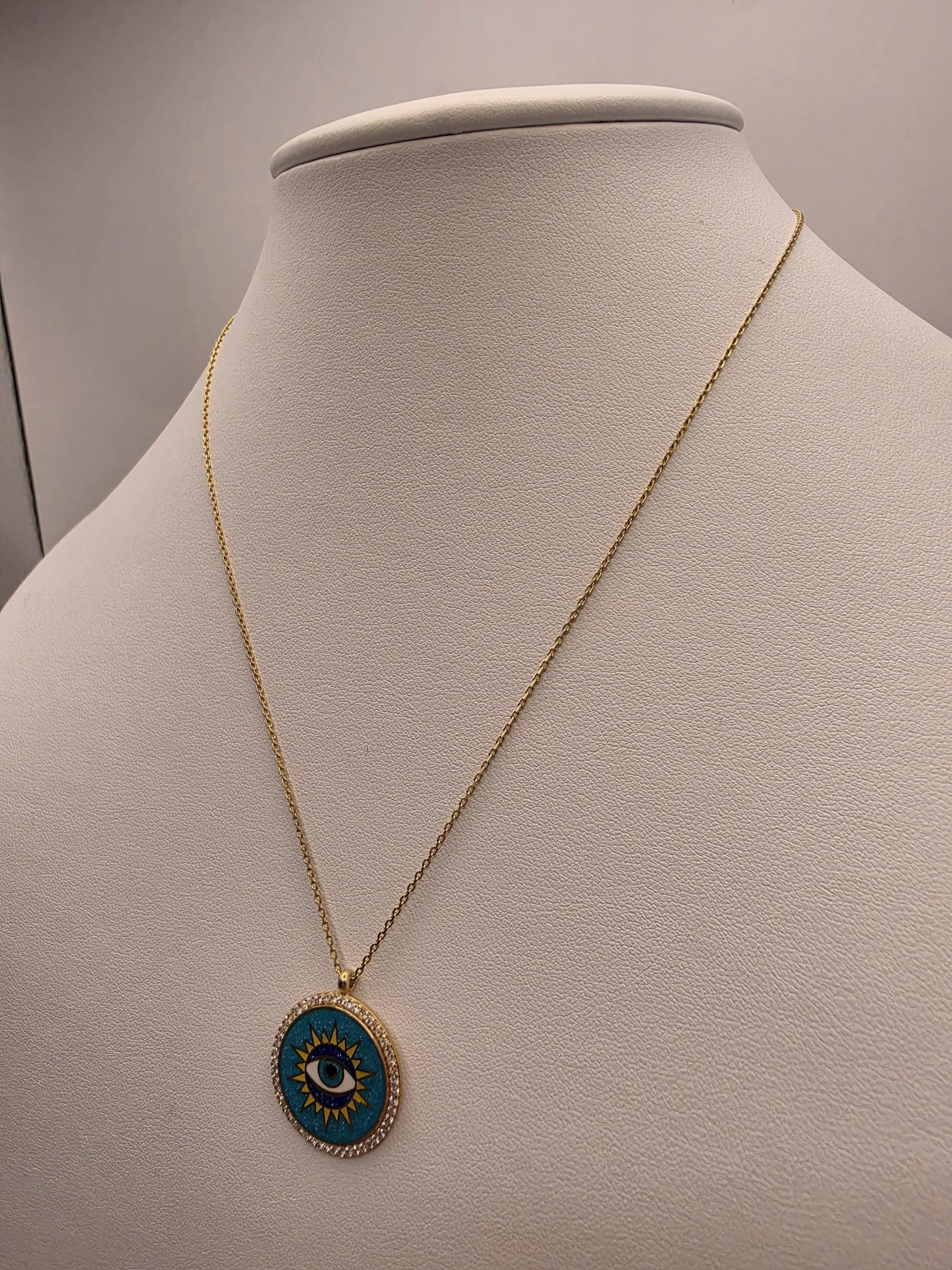 Gold Plated Turquoise Evil Eye Sun Medallion Necklace | 925 Silver | 16–18 Inch | 1 Inch Round Pendant