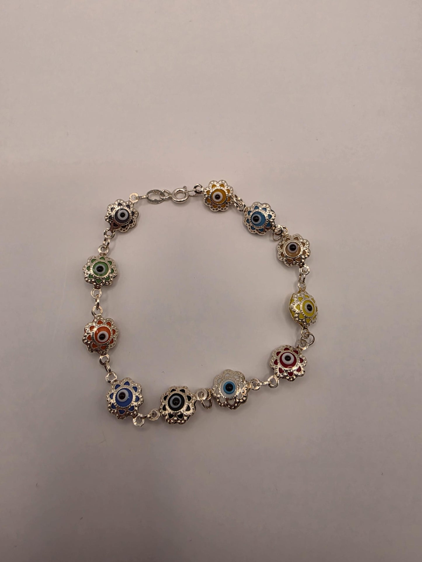 925 Sterling Silver Multicolor Evil Eye Flower Link Bracelet | 7.5" | 8.7mm | Colorful Enamel | Protection Jewelry | Gift for Her