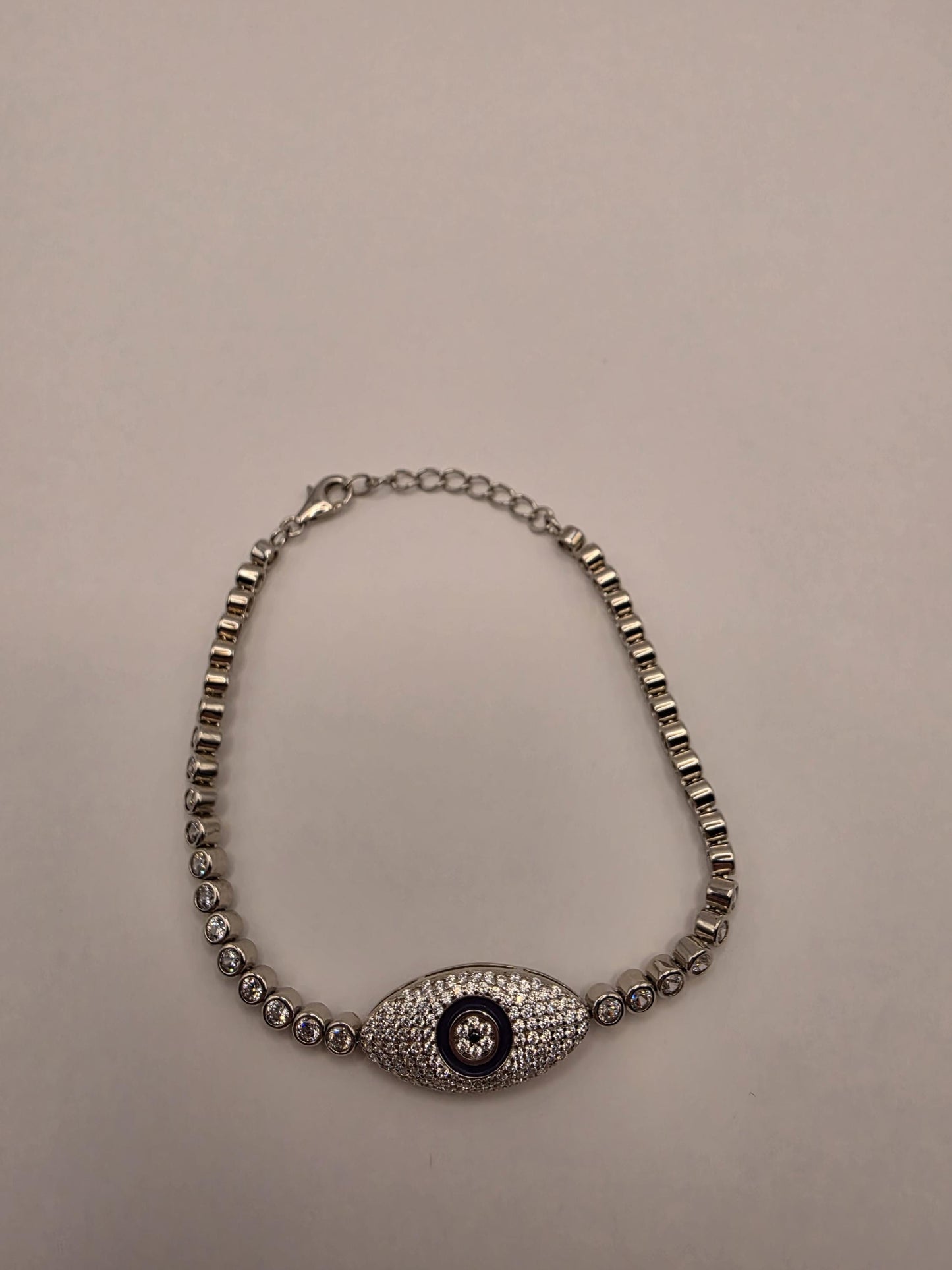 925 Sterling Silver Pave Evil Eye Tennis Bracelet | 8" | CZ & Navy Enamel Centerpiece | Crystal Chain | Protection Jewelry | Gift for Her