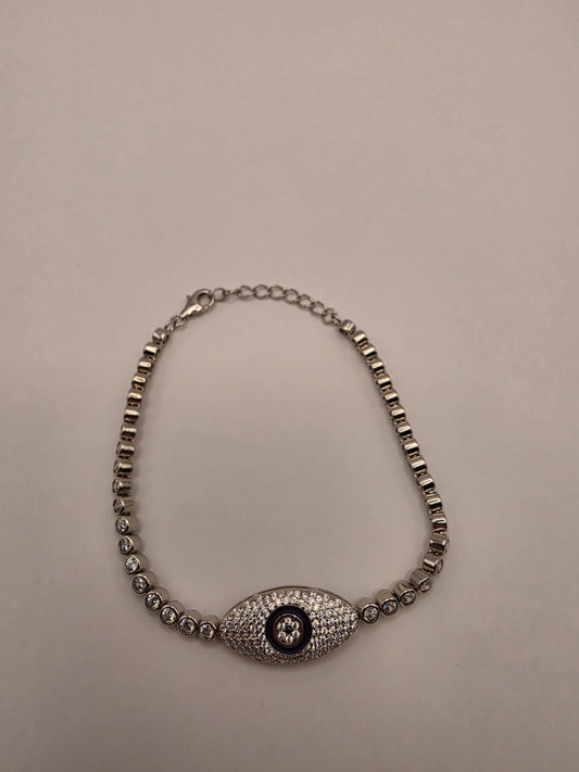925 Sterling Silver Pave Evil Eye Tennis Bracelet | 8" | CZ & Navy Enamel Centerpiece | Crystal Chain | Protection Jewelry | Gift for Her