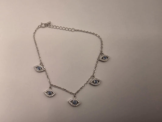 925 Sterling Silver Evil Eye Charm Dangle Bracelet | 7.5" | CZ Halo Charms | Delicate Chain | Protection Jewelry | Gift for Her