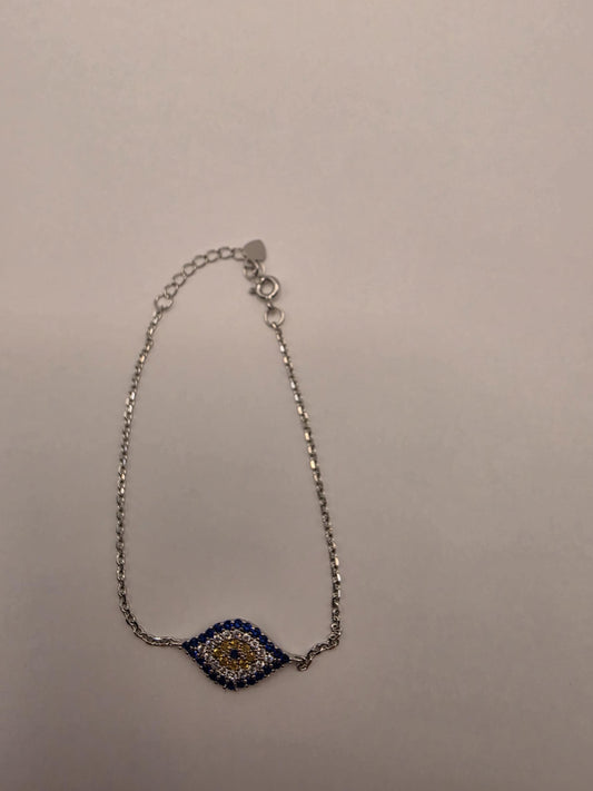925 Sterling Silver Evil Eye CZ Centerpiece Bracelet | 8" | Blue & Gold Stones | Delicate Chain | Protection Jewelry | Gift for Her