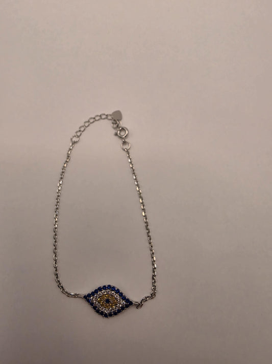 925 Sterling Silver Evil Eye CZ Centerpiece Bracelet | 8" | Blue & Gold Stones | Delicate Chain | Protection Jewelry | Gift for Her