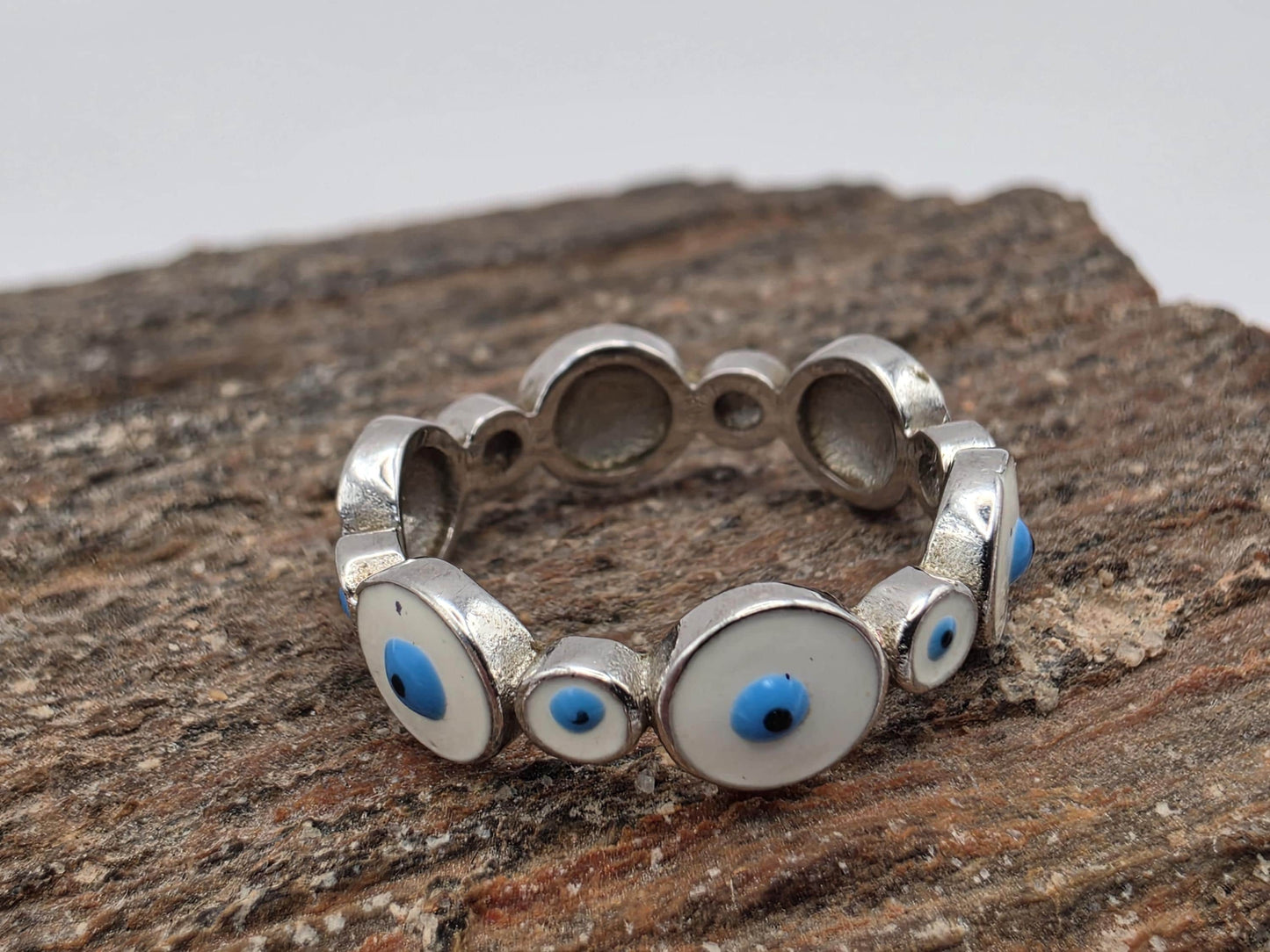 Sterling Silver Evil Eye Eternity Band Ring | 925 Silver | Size 5 | Blue Enamel Protection Ring