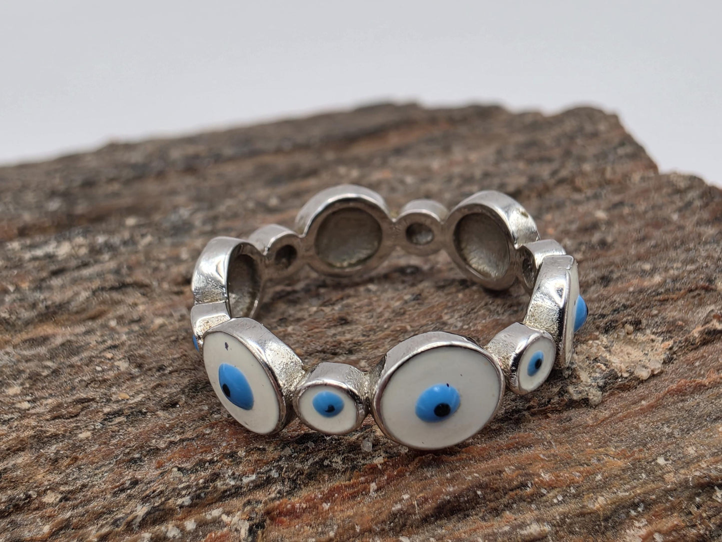 Sterling Silver Evil Eye Eternity Band Ring | 925 Silver | Size 5 | Blue Enamel Protection Ring