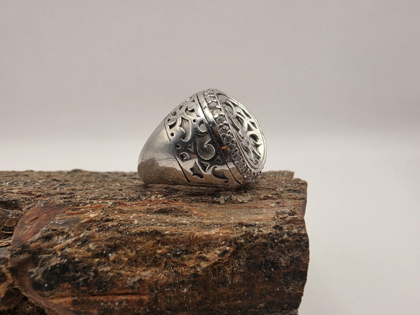 Sterling Silver Oxidized Scrollwork Signet Ring Pave CZ | 925 Silver | Size 8 | Mens Womens