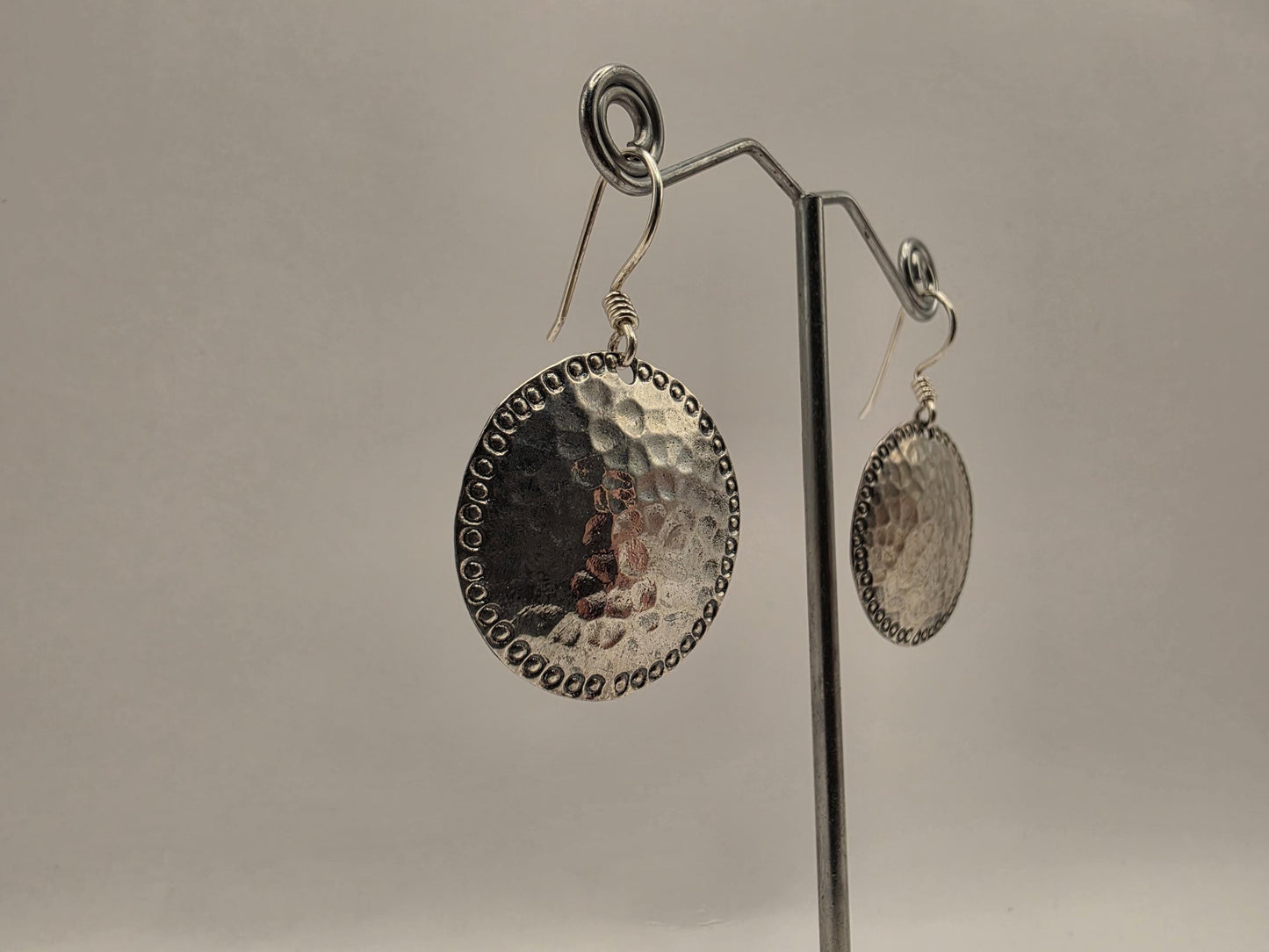 Sterling Silver Hammered Disc Drop Earrings | 925 Silver | 28mm | Boho Bead Edge Drops