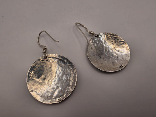 Sterling Silver Hammered Disc Drop Earrings | 925 Silver | 28mm | Boho Bead Edge Drops