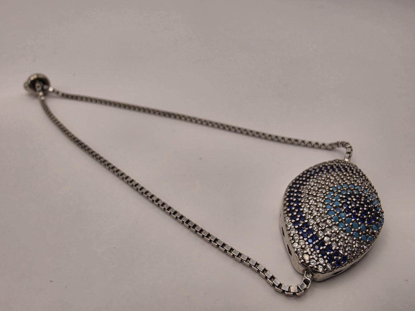 Sterling Silver Pave CZ Evil Eye Bolo Bracelet | 925 Silver | 8.5 Inch Adjustable | Box Chain