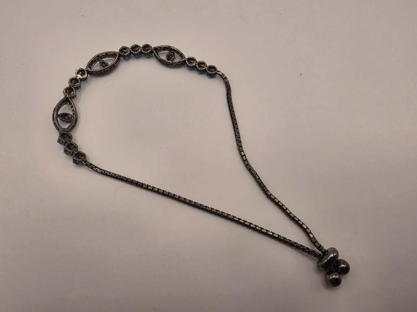 Sterling Silver Oxidized Turquoise CZ Evil Eye Bolo Bracelet | 925 Silver | 8.5 Inch Adjustable