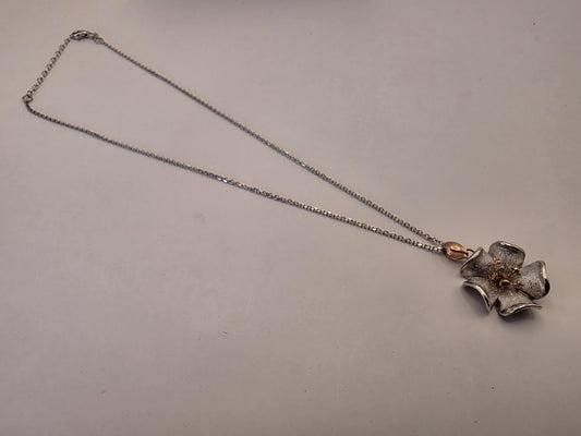 Sterling Silver Flower Pendant Necklace | 925 Silver | Two Tone Rose Accent | 18.5 Inch | Floral Blossom | Womens Gift